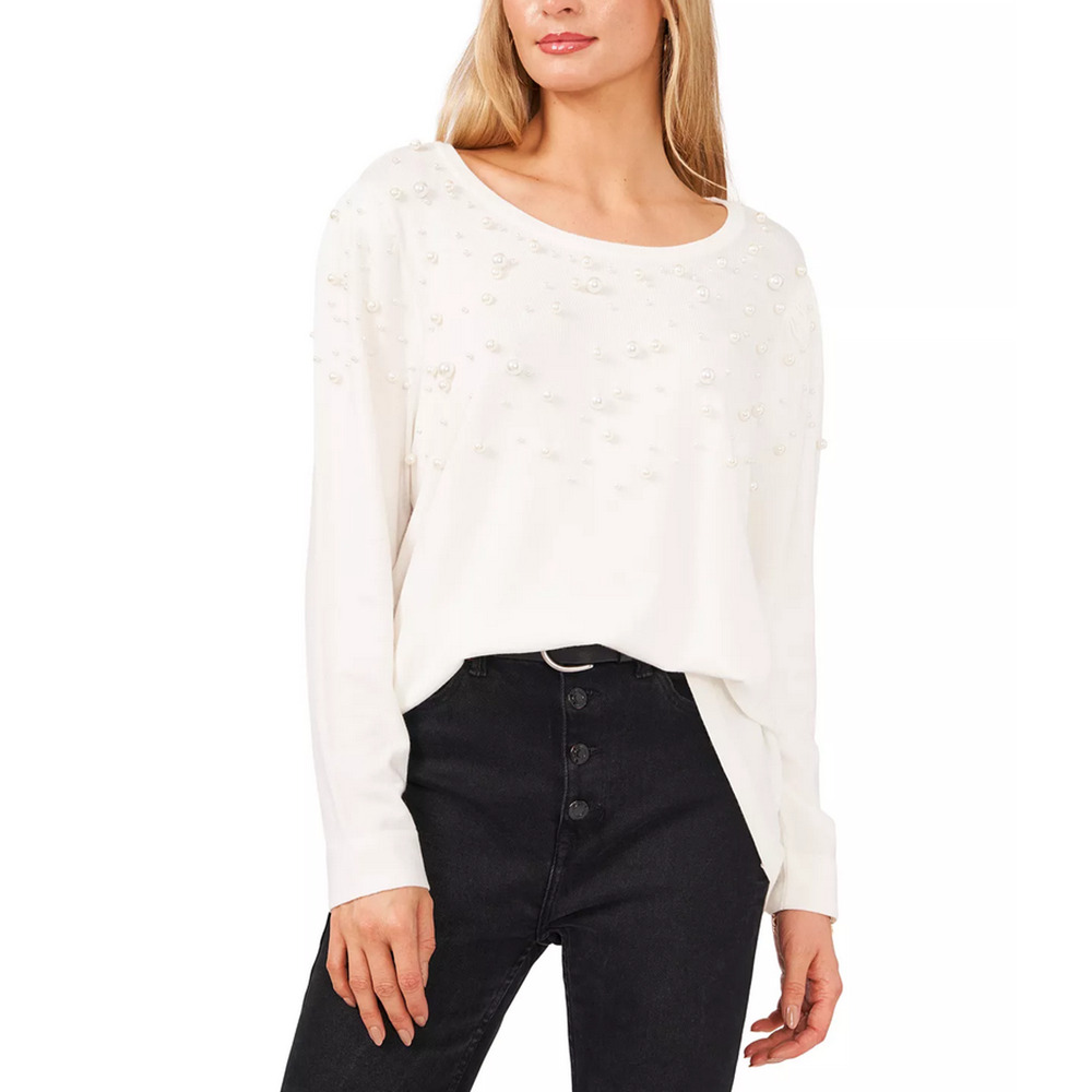 Vince Camuto Women's Pearl Embellished Sweater White Size XS 3216